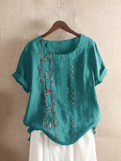 Floral Embroidery Round Neck Short Sleeve Linen Top