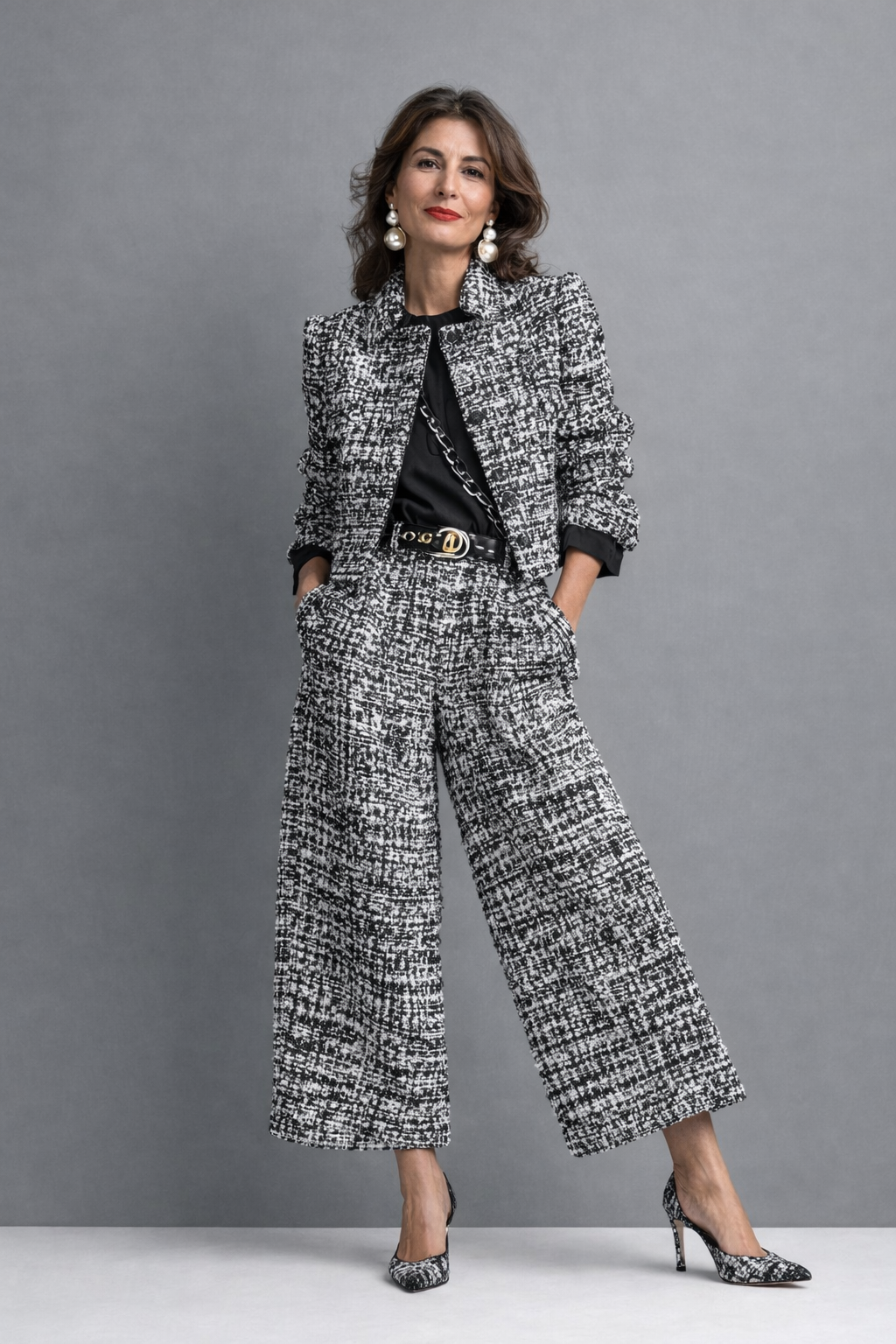 Tweed Blazer and Cropped Wide Leg Pants Two Piece Set