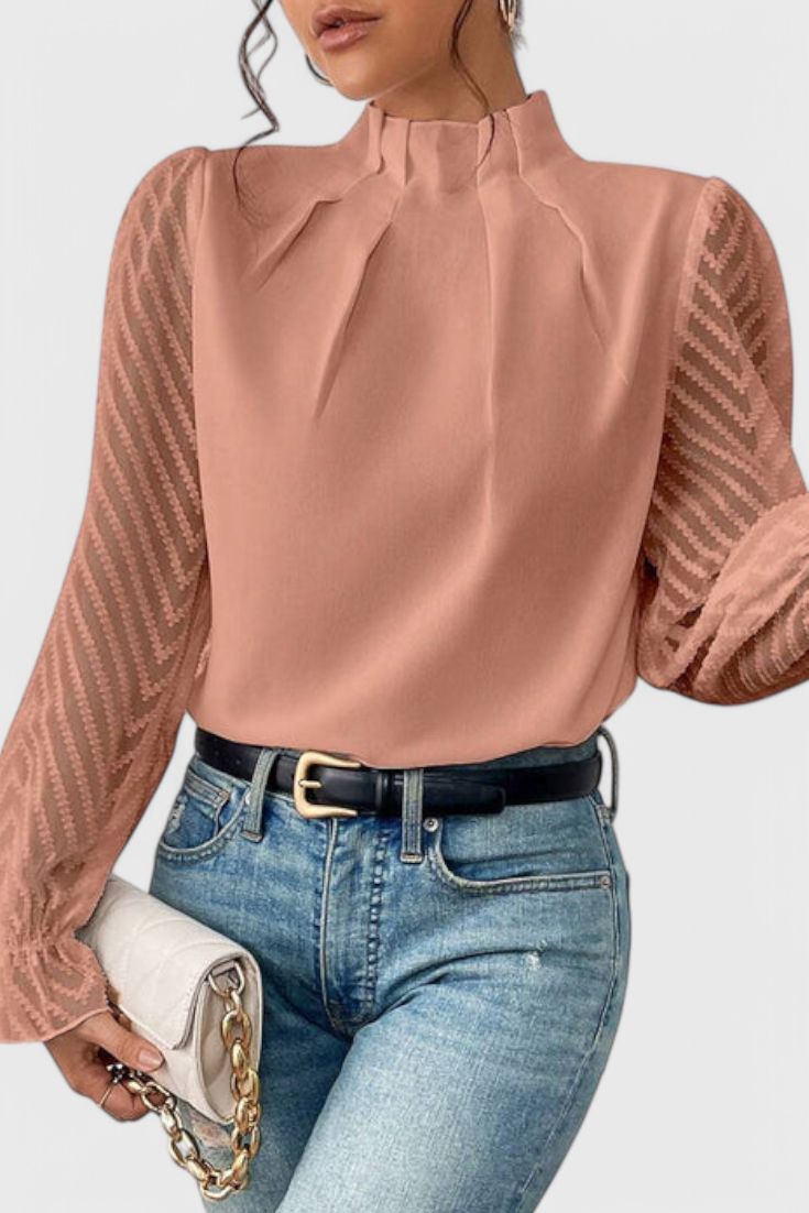 Mock Neck Sheer Lace Long Sleeve Ruffle Blouse 4