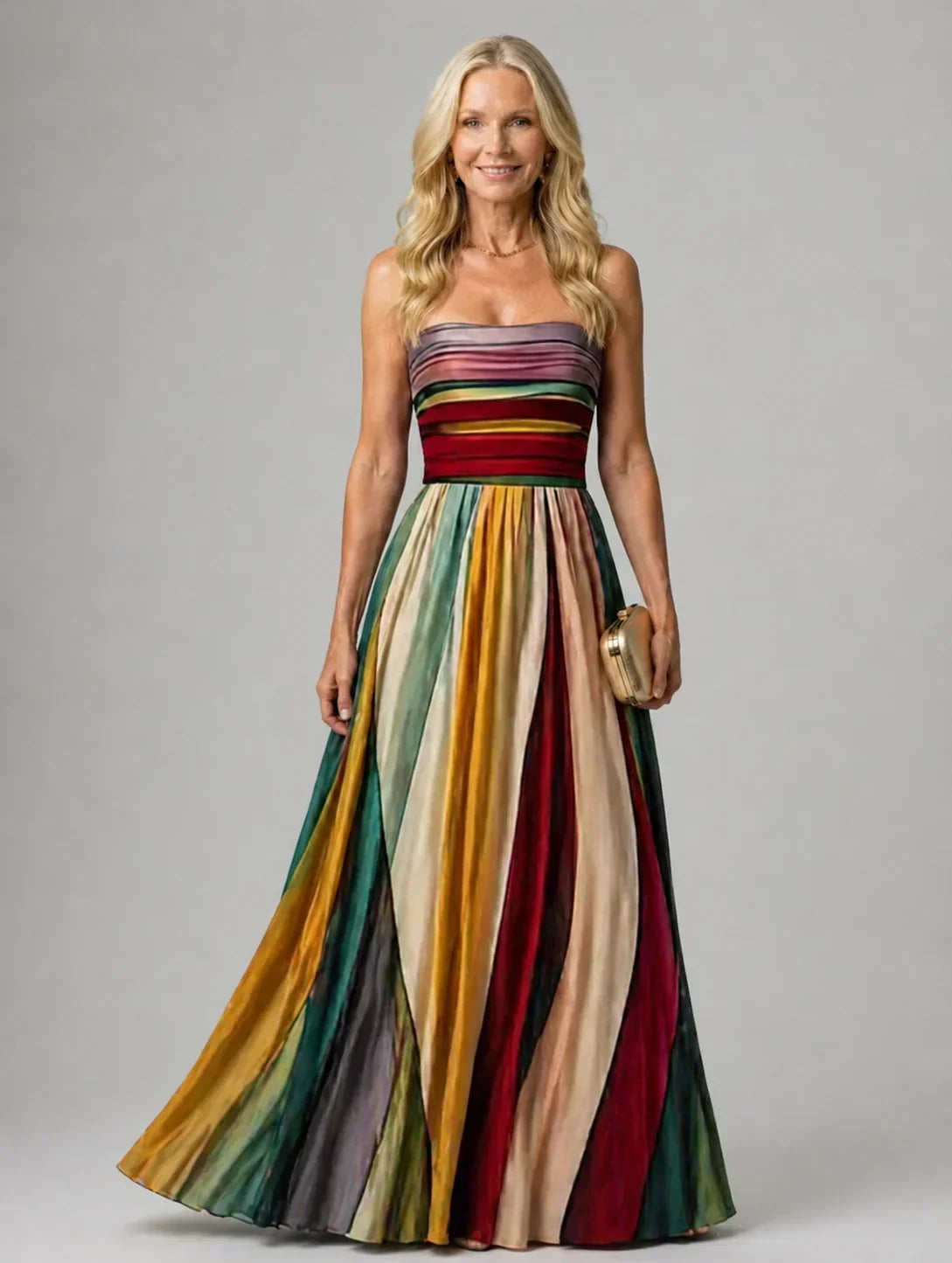 Striped Strapless A-Line Maxi Gown