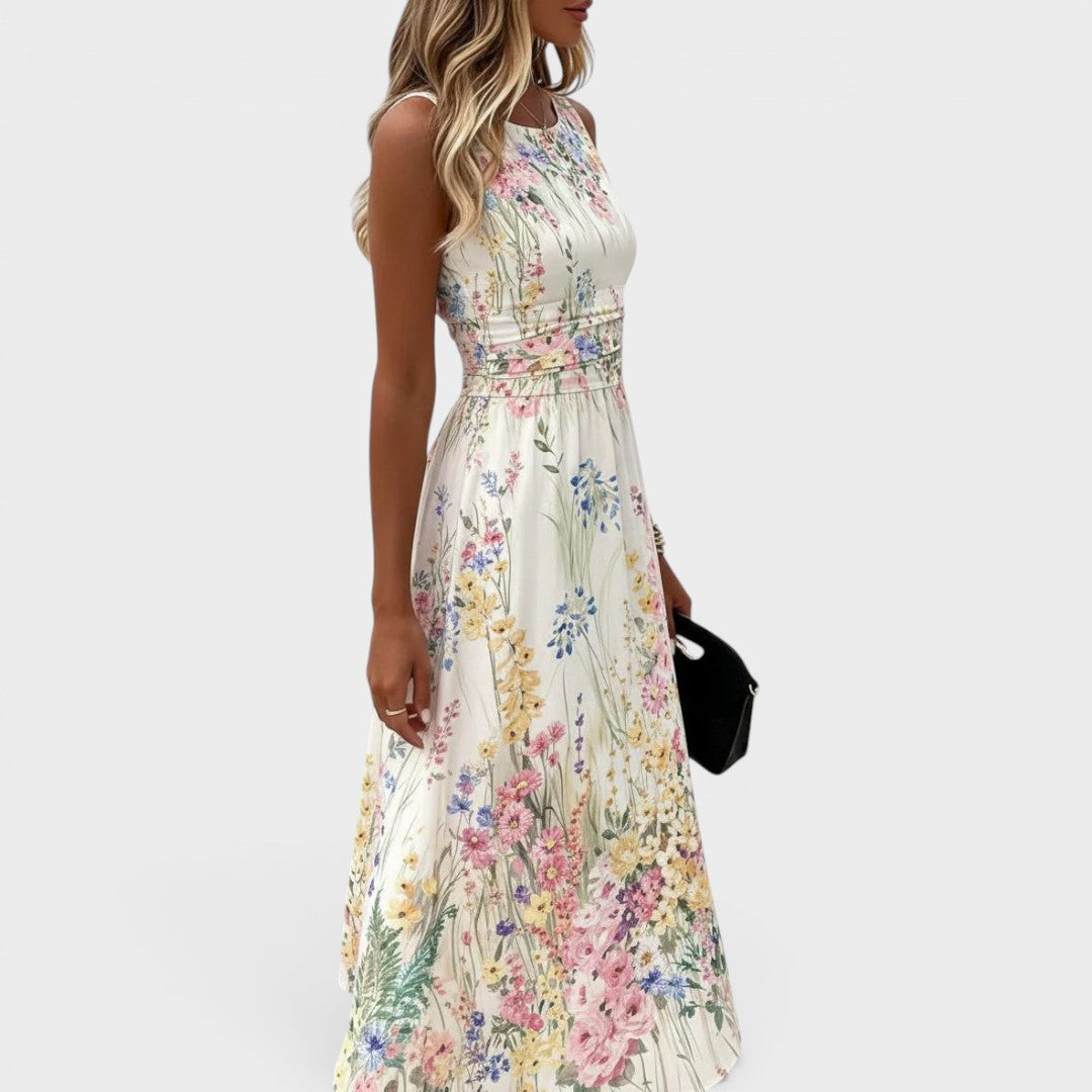 Floral Print Round Neck Sleeveless Ruched Waist Maxi Dress 4