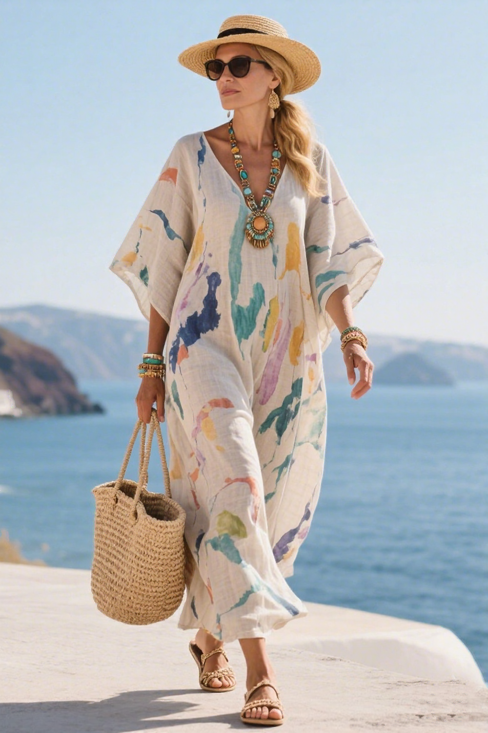 Watercolor Print V-Neck Kimono Sleeve Kaftan Maxi Dress
