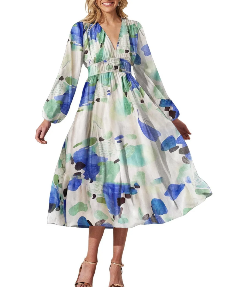 Floral Chiffon V-Neck Long Sleeve Ruched Waist Maxi Dress 12