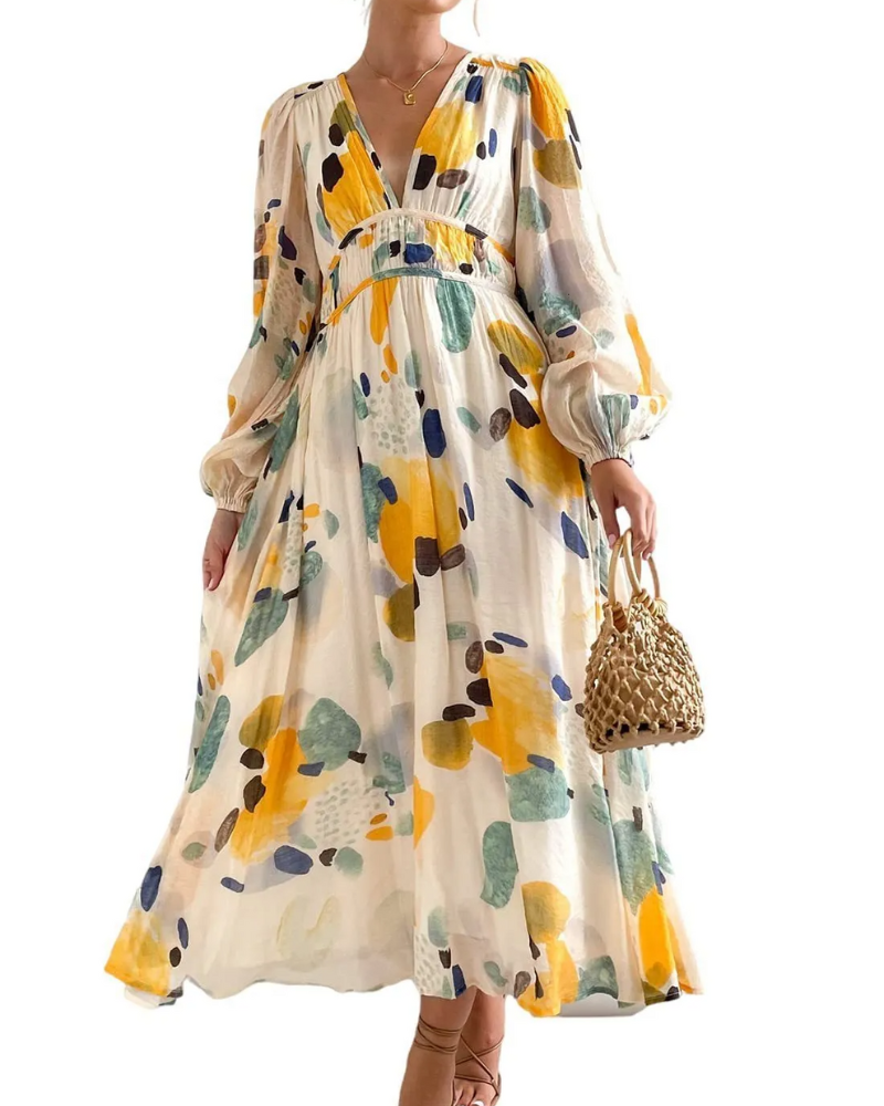 Floral Chiffon V-Neck Long Sleeve Ruched Waist Maxi Dress 13