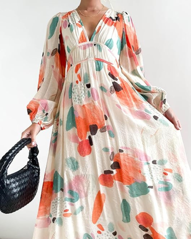 Floral Chiffon V-Neck Long Sleeve Ruched Waist Maxi Dress 19