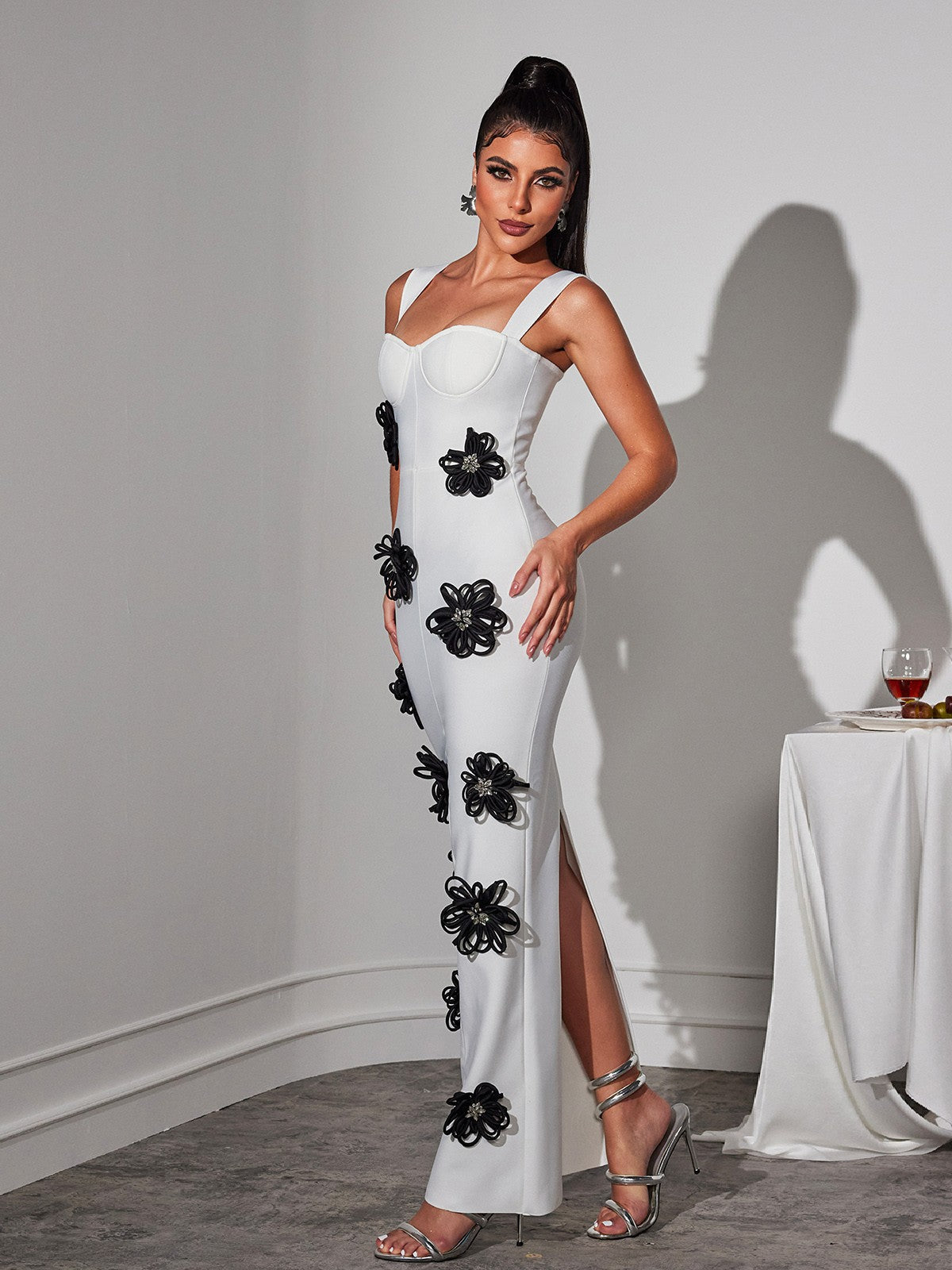 Bandage Sweetheart 3D Flower High Split Mermaid Maxi Dress - View 5