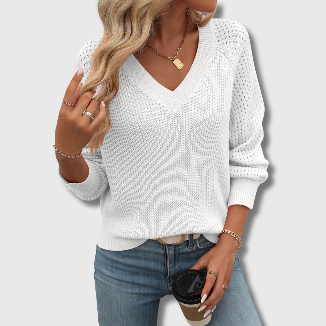 V-Neck Long Sleeve Pointelle Knit Sweater 2