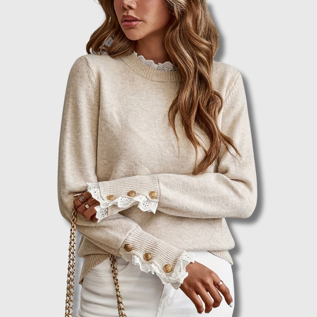 Crew Neck Lace Trim Button Cuff Sweater 4