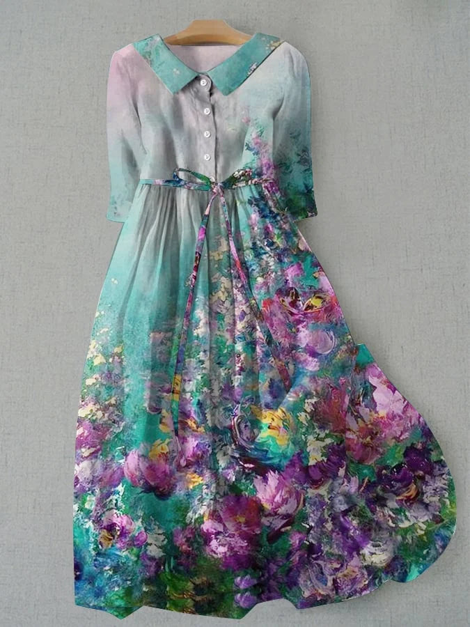 Painted Floral Print Collared Tie Waist A-Line Midi Dress