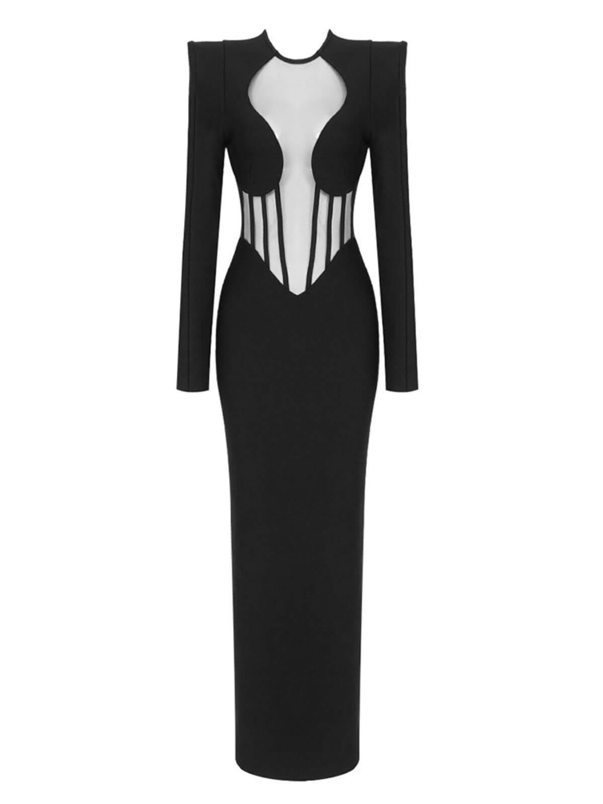 Long Sleeve Keyhole Cut Out Mesh Corset Panel Bandage Maxi Gown - View 6