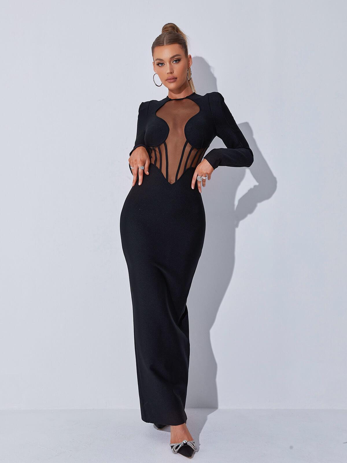 Long Sleeve Keyhole Cut Out Mesh Corset Panel Bandage Maxi Gown - View 2