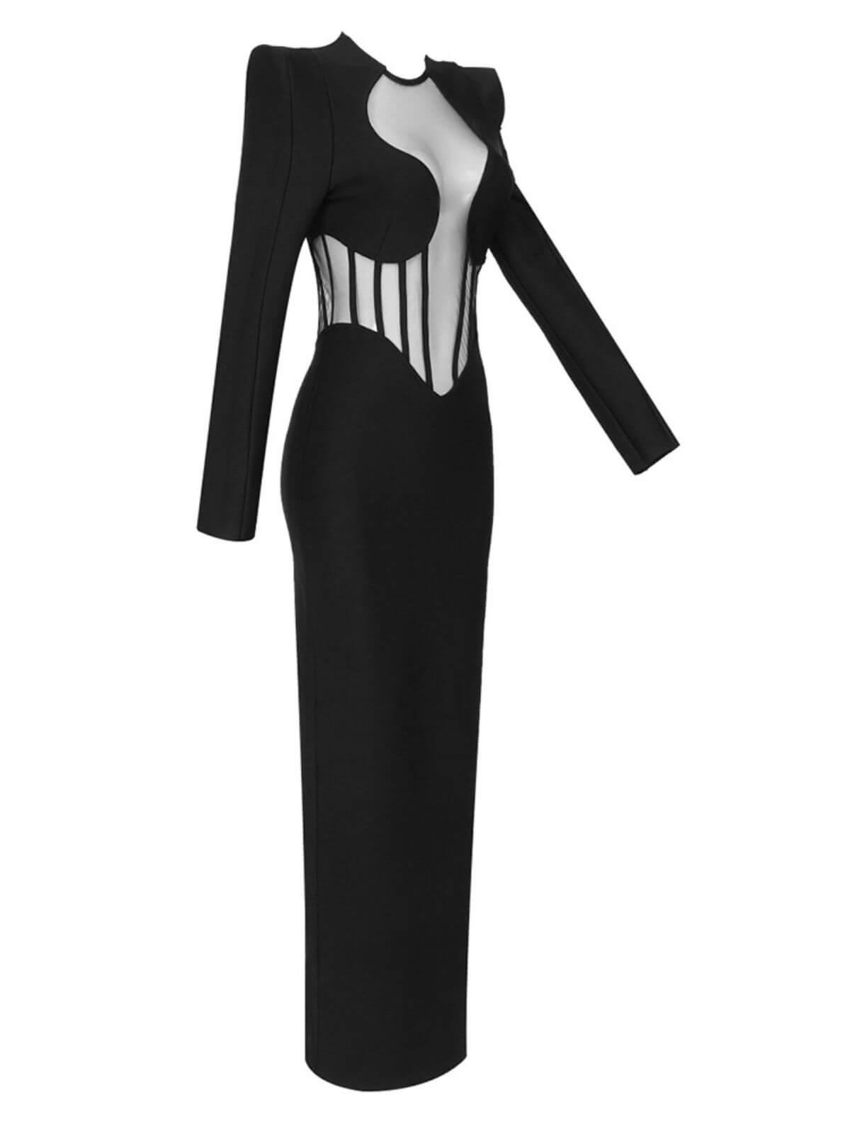 Long Sleeve Keyhole Cut Out Mesh Corset Panel Bandage Maxi Gown - View 7