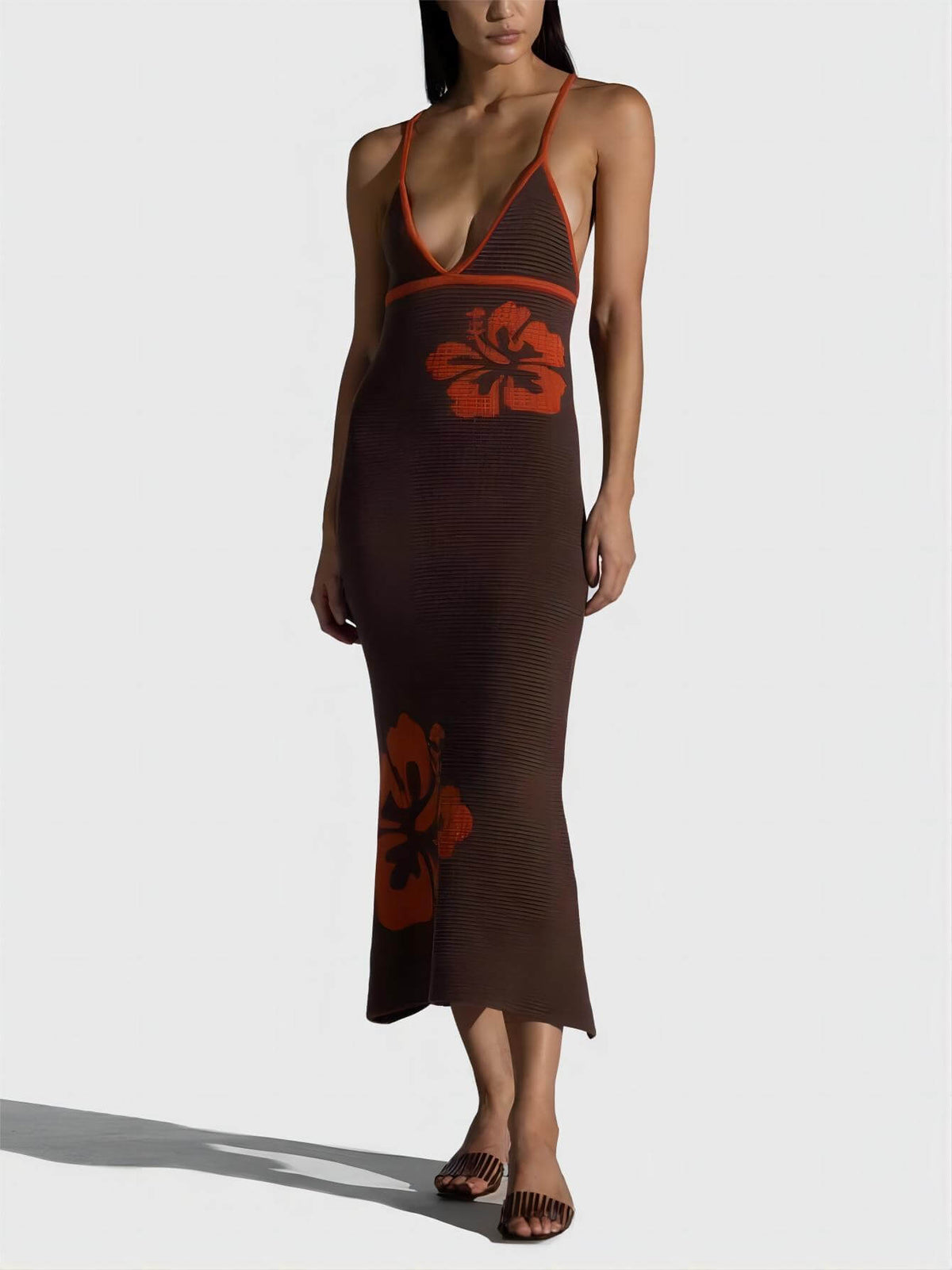 Backless Halter Deep V-Neck Midi Dress