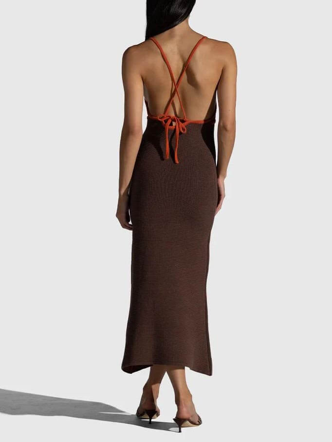 Backless Halter Deep V-Neck Midi Dress