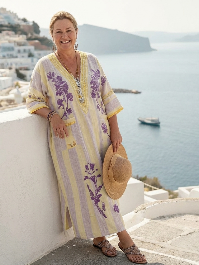 Floral Embroidered Striped V-Neck Kaftan Maxi Dress