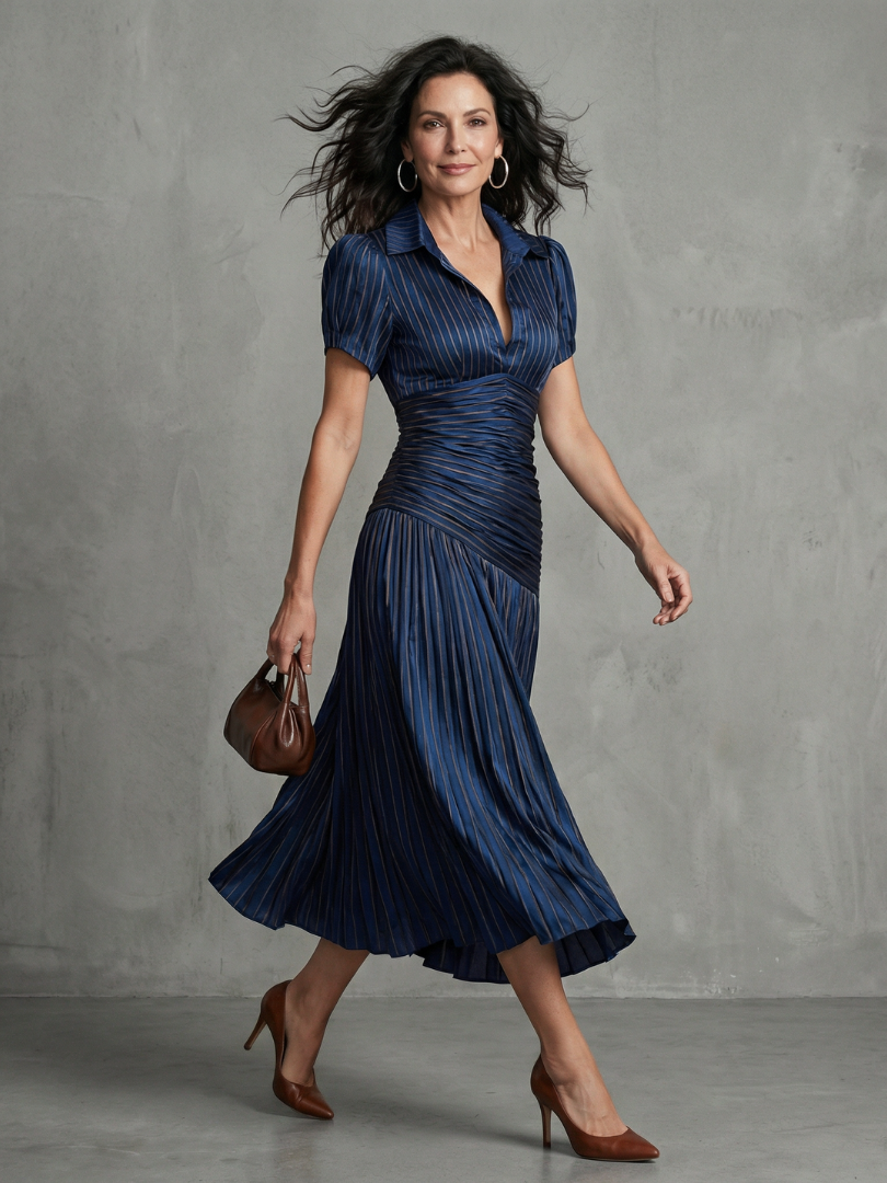 Collared V-Neck Short Sleeve Ruched Pleated Striped Midi Dress