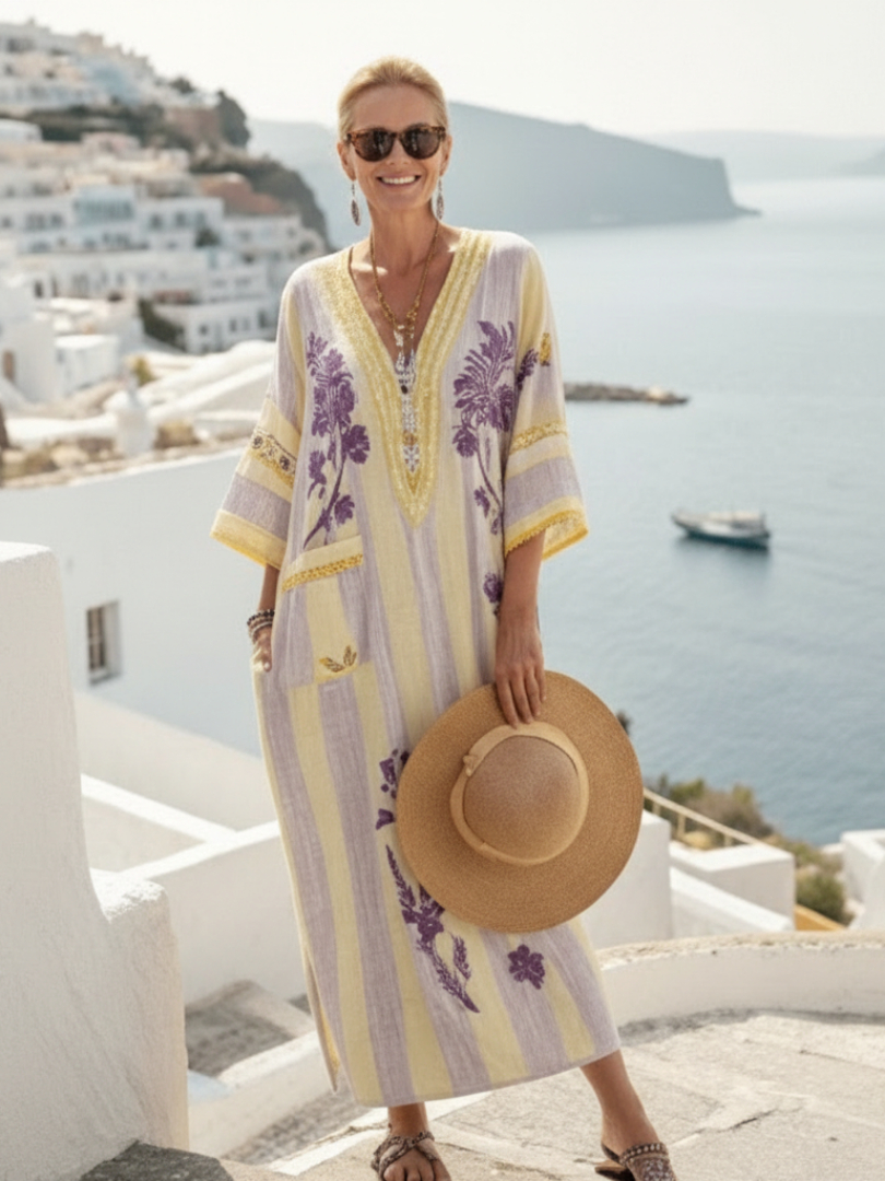 Floral Embroidered Striped V-Neck Kaftan Maxi Dress 3