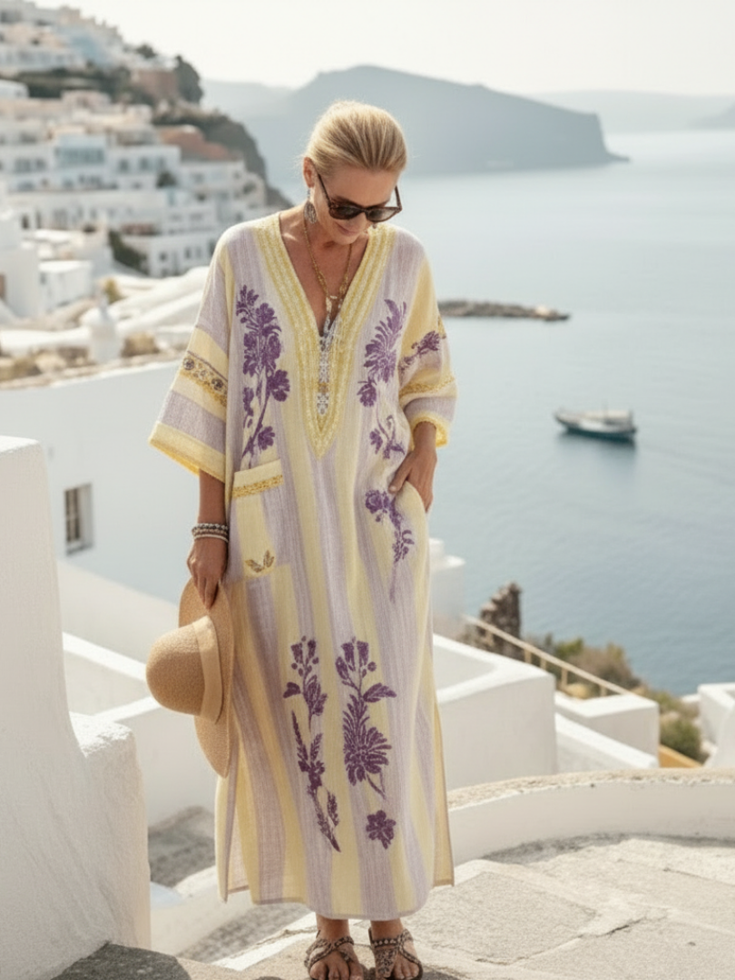 Floral Embroidered Striped V-Neck Kaftan Maxi Dress 4