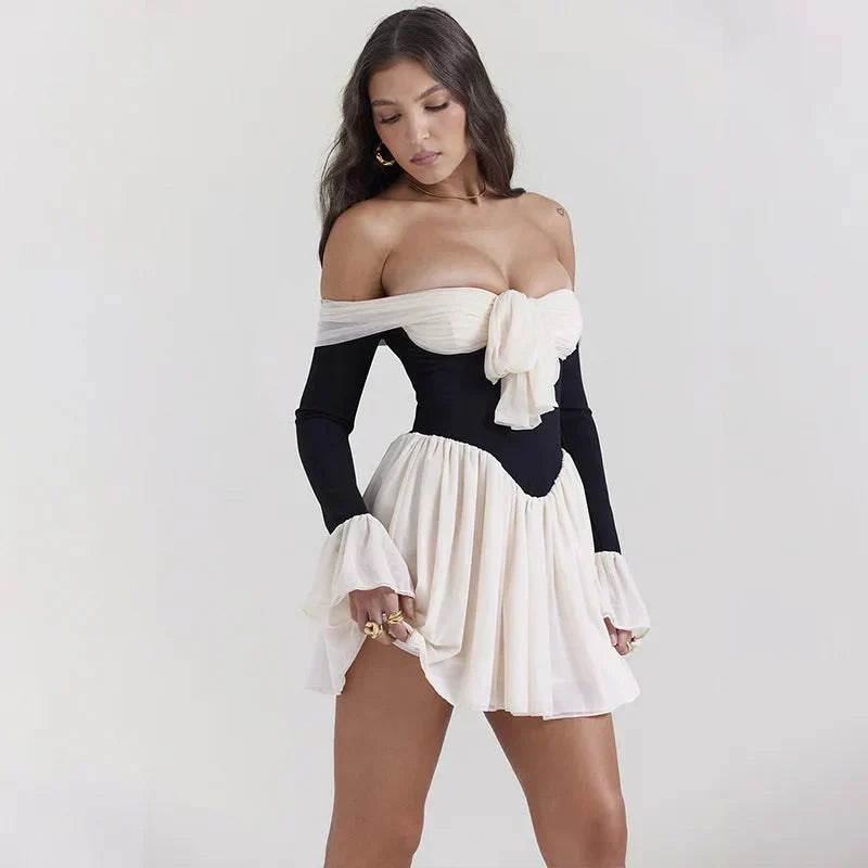 Off Shoulder Tie Front Bell Sleeve Corset Fit and Flare Mini Dress - View 5