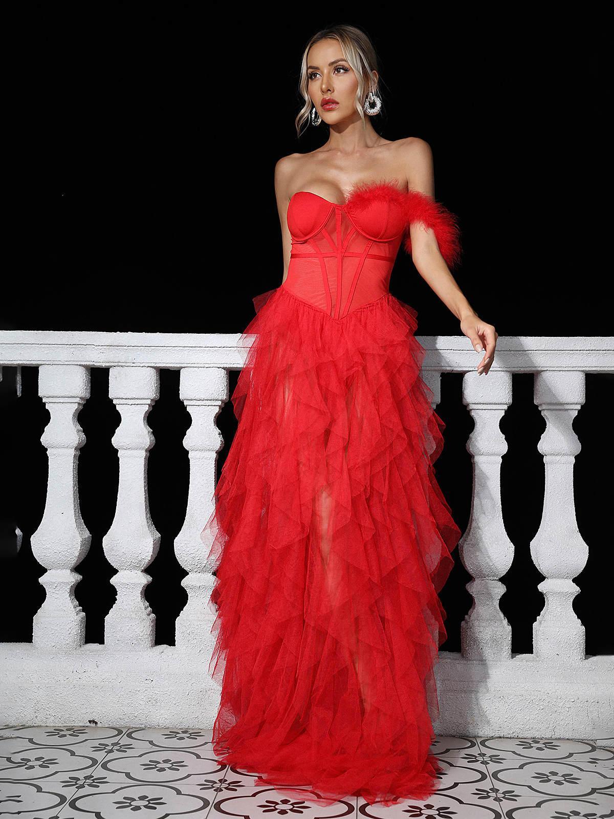 One Shoulder Tulle Maxi Dress In Red - View 5