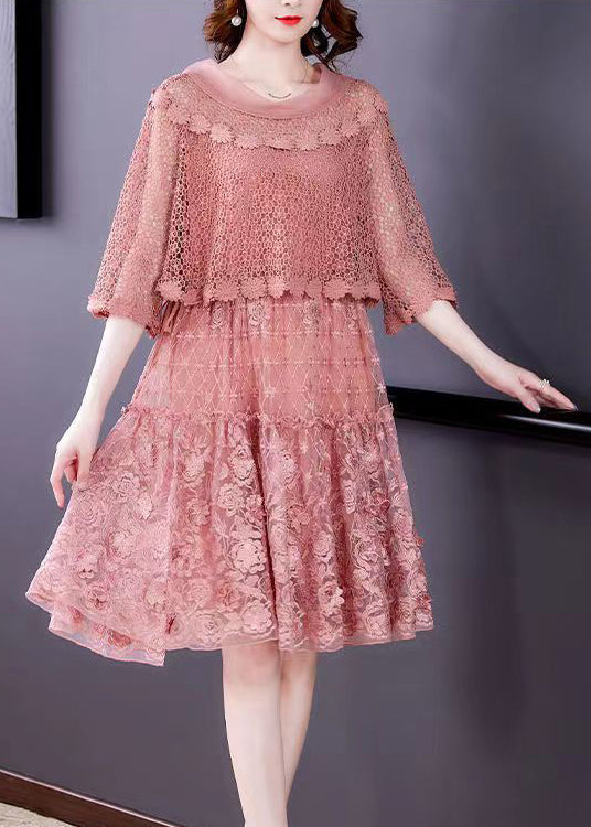 Pink O-Neck Ruffled Patchwork Lace Dress Half Sleeve - View 4