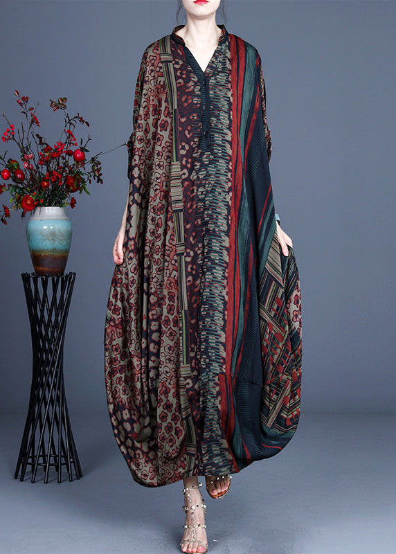 Patchwork Animal Print V-Neck Mandarin Collar Pocket Maxi Dress