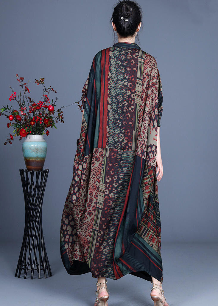 Patchwork Animal Print V-Neck Mandarin Collar Pocket Maxi Dress - View 4