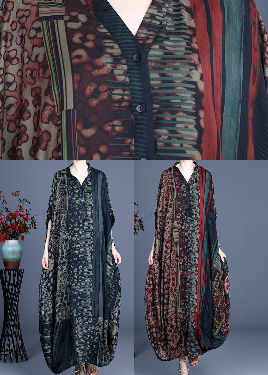 Patchwork Animal Print V-Neck Mandarin Collar Pocket Maxi Dress - View 5
