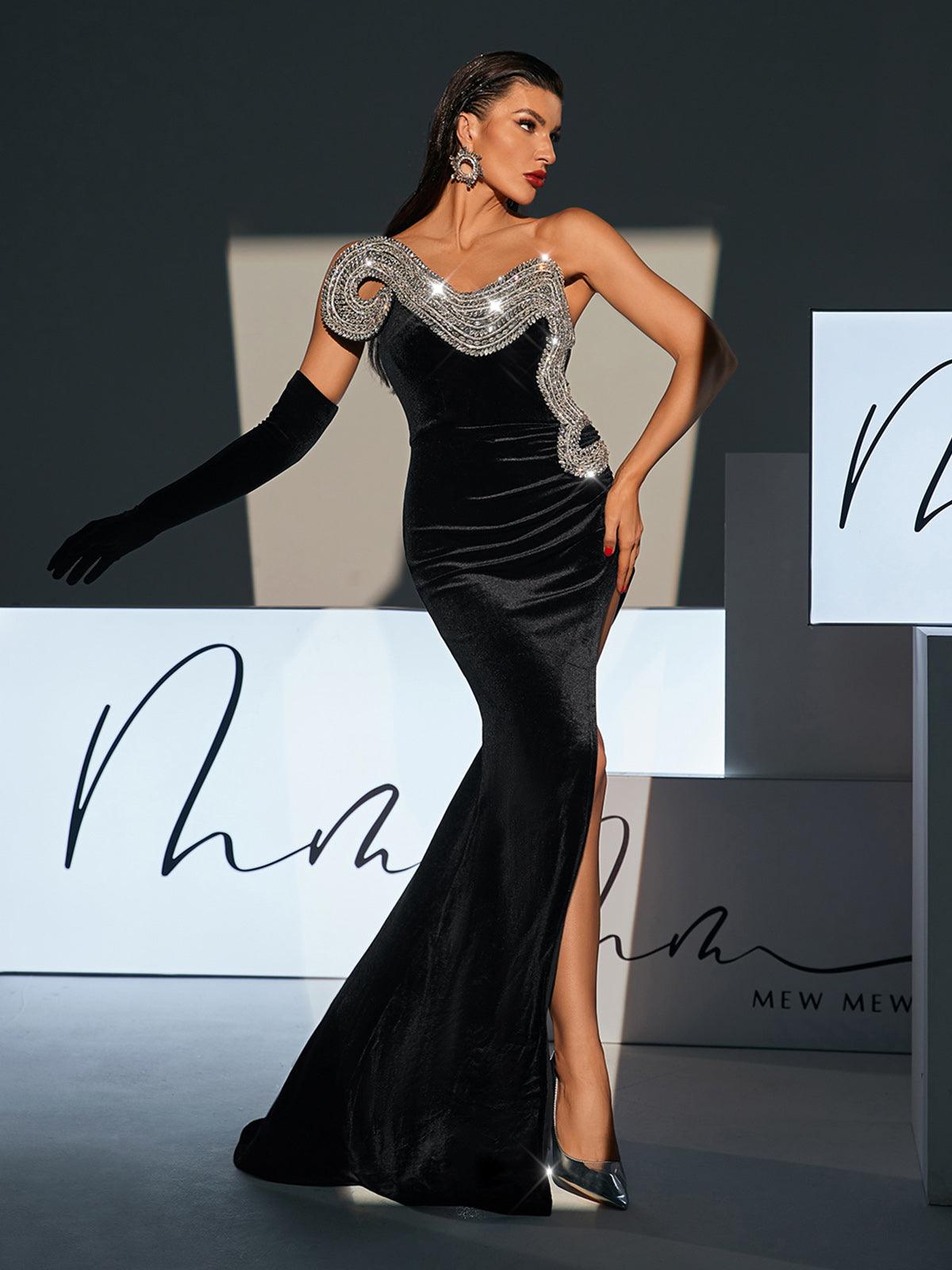 Strapless Wave Crystal Velvet Maxi Dress - View 3