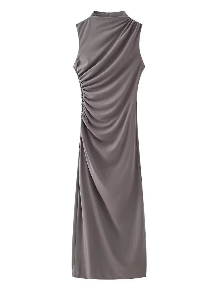 Sleeveless Mock Neck Asymmetric Ruched Bodycon Maxi Gown - View 4