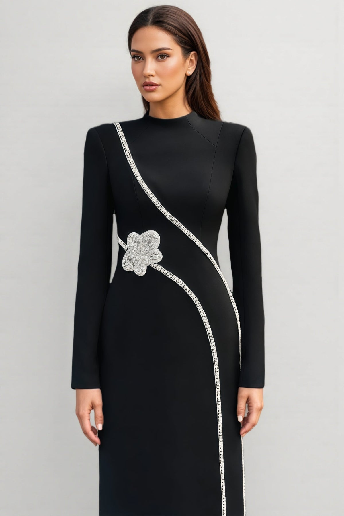 Rhinestone Trim High Neck Long Sleeve Cut Out Column Maxi Gown - View 2