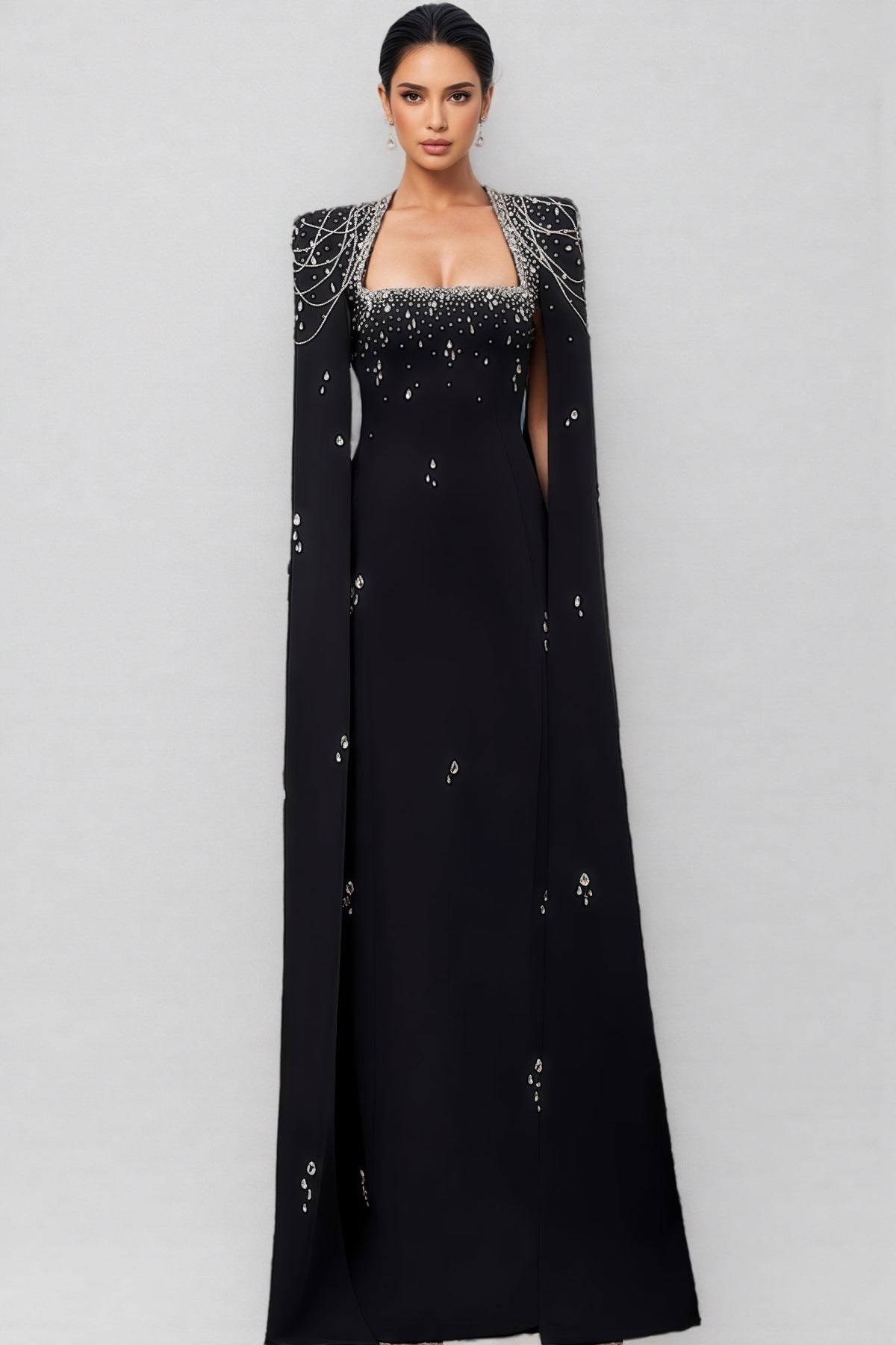 Rhinestone Beaded Chain Cape Sleeve Square Neck Column Maxi Gown - View 2