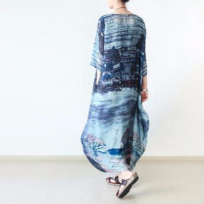 Landscape Print Scoop Neck Elbow Sleeve Pocket Kaftan Maxi Dress - View 4