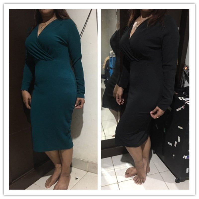 Deep V-Neck Long Sleeve Wrap Bodycon Midi Dress - View 22