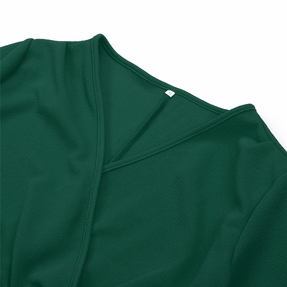 Deep V-Neck Long Sleeve Wrap Bodycon Midi Dress - View 9