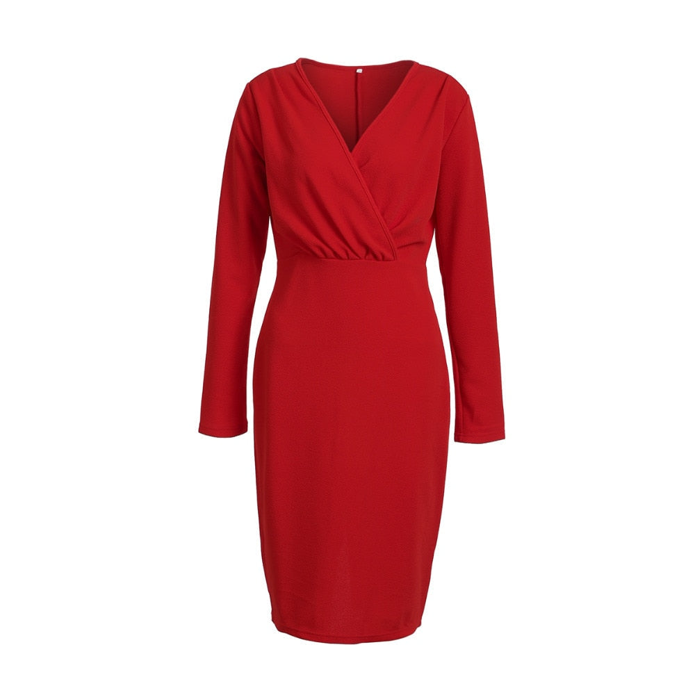 Deep V-Neck Long Sleeve Wrap Bodycon Midi Dress - View 13