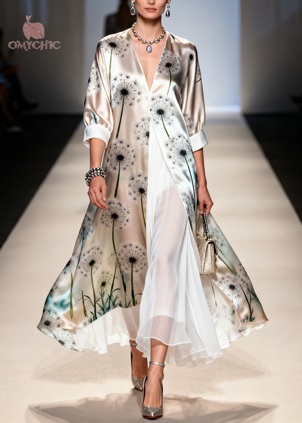 Faux Two-Piece Dandelion Print Deep V-Neck Open Front Maxi Dress - View 3