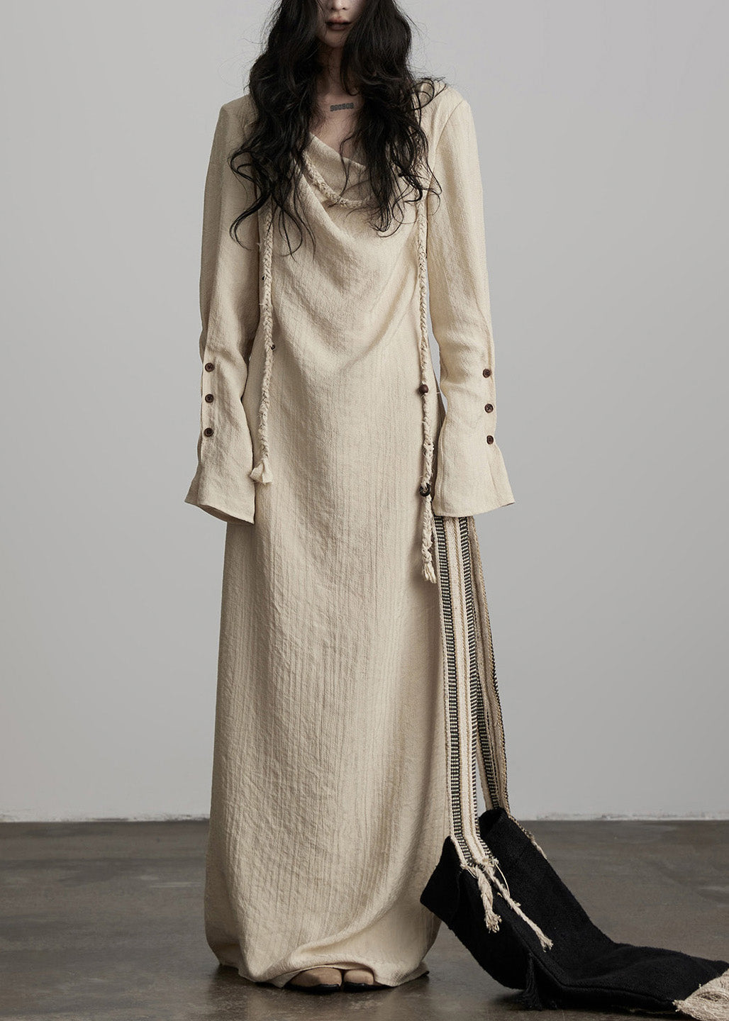 Unique Beige Button Lace Up Cotton Maxi Dress Fall