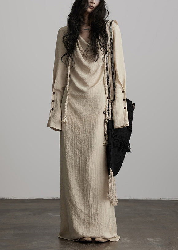 Unique Beige Button Lace Up Cotton Maxi Dress Fall - View 3