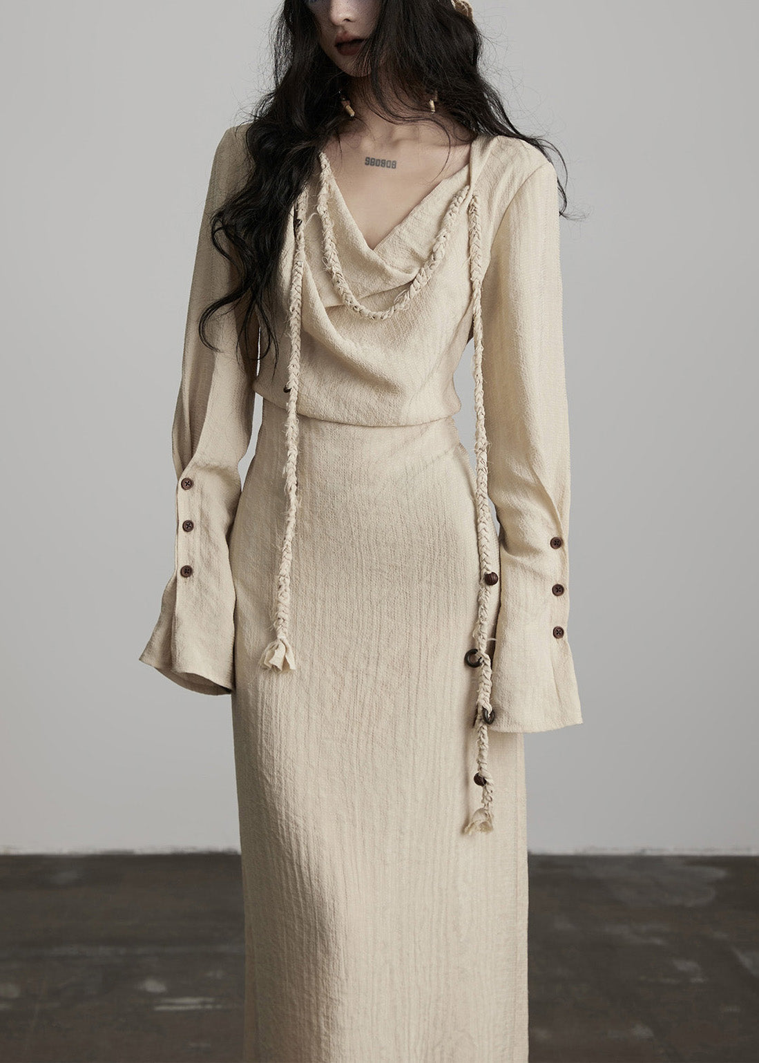 Unique Beige Button Lace Up Cotton Maxi Dress Fall - View 5