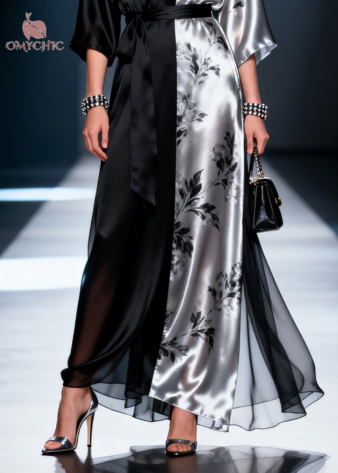 Satin Wrap Deep V-Neck Kimono Sleeve Tie Belt Sheer Hem Maxi Gown - View 4
