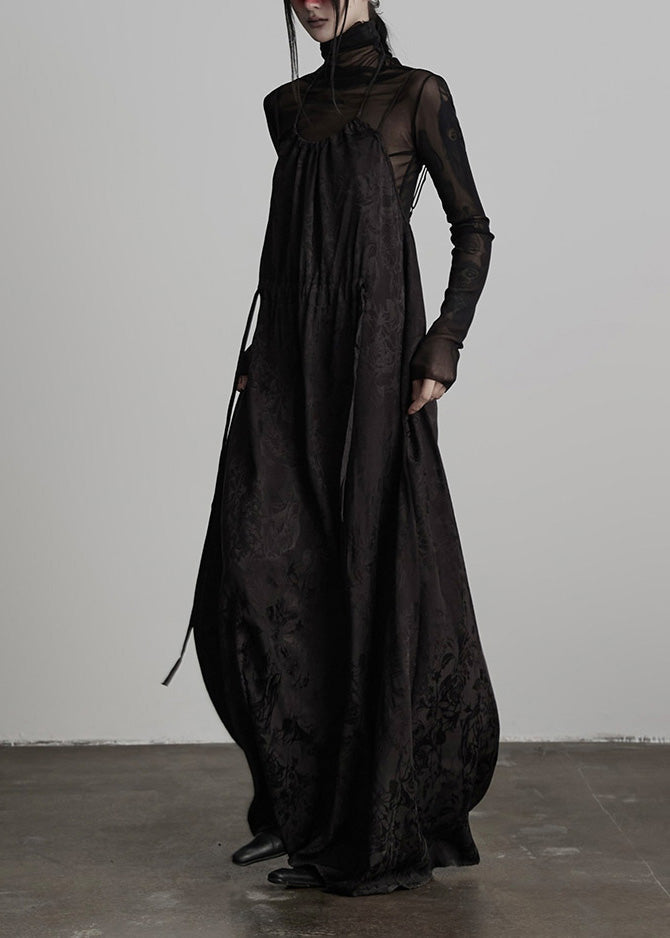 Unique Black Embroidered Lace Up Silk Spaghetti Strap Dress Fall