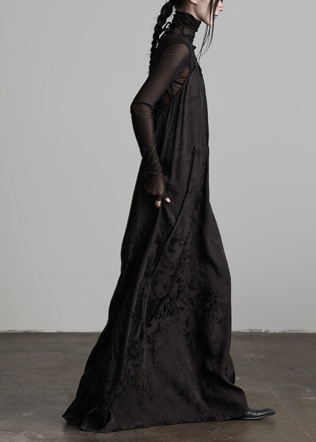 Unique Black Embroidered Lace Up Silk Spaghetti Strap Dress Fall - View 3