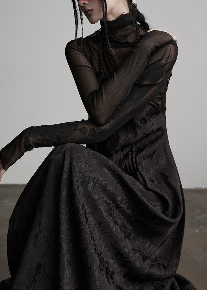 Unique Black Embroidered Lace Up Silk Spaghetti Strap Dress Fall - View 4