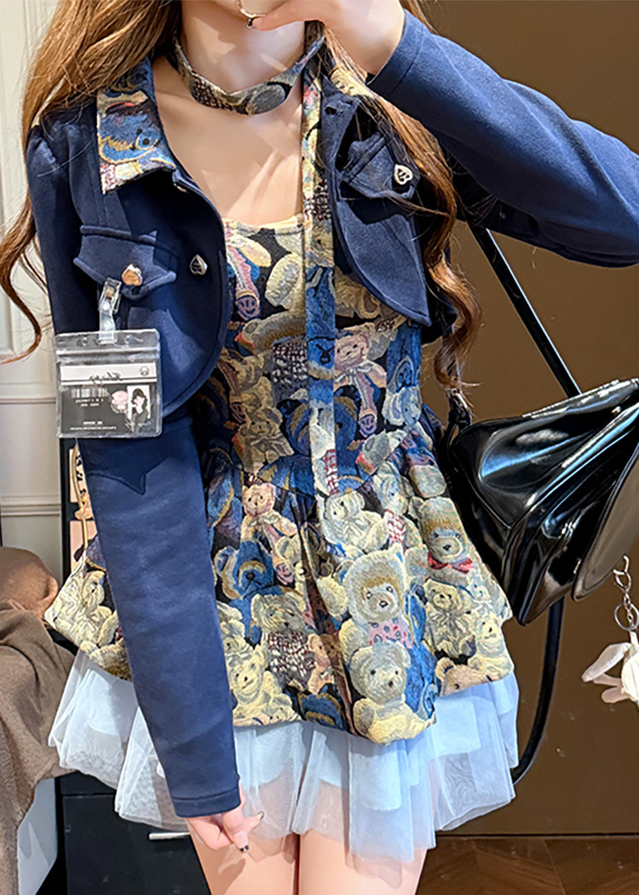 Teddy Bear Jacquard Tulle Ruffle Dress Cropped Jacket Two Piece Set