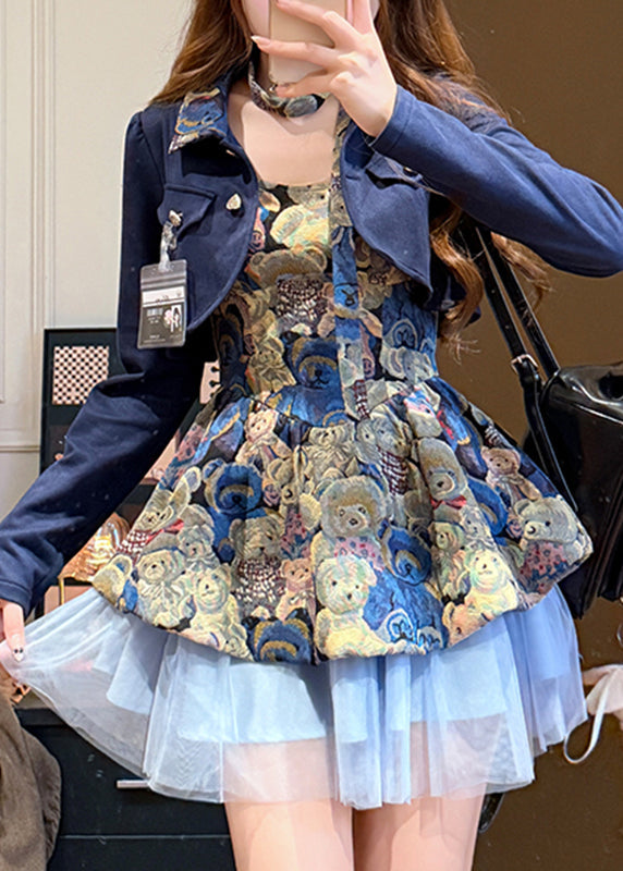 Teddy Bear Jacquard Tulle Ruffle Dress Cropped Jacket Two Piece Set - View 3