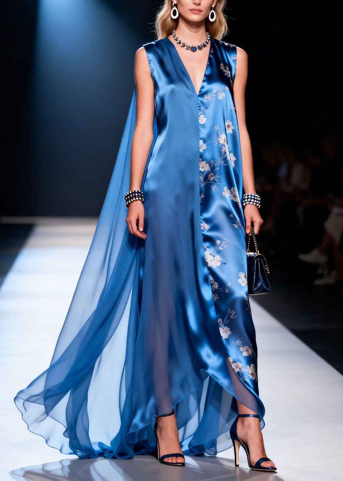Satin Deep V-Neck Sleeveless Floral Panel Cape Back Maxi Gown - View 3