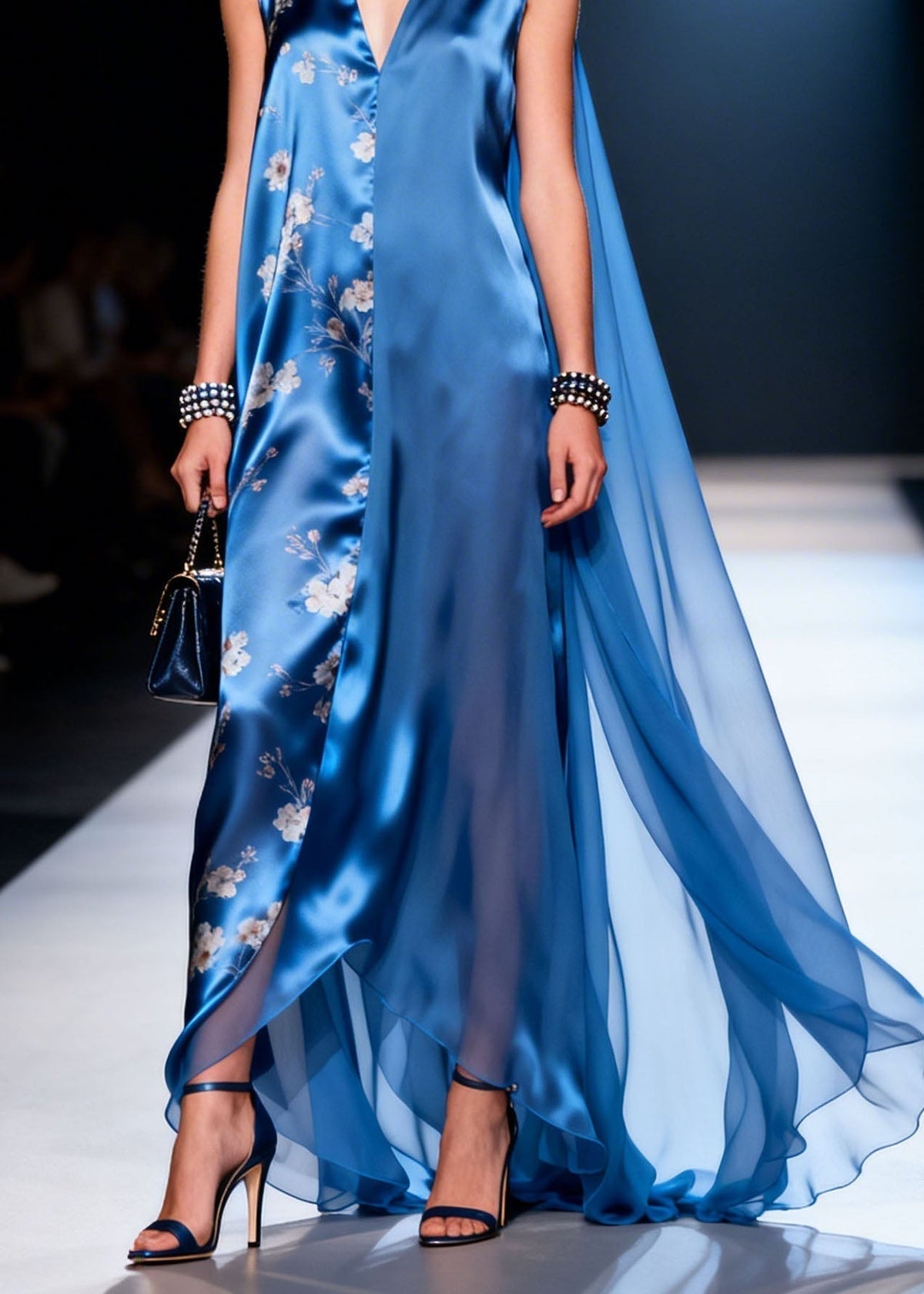 Satin Deep V-Neck Sleeveless Floral Panel Cape Back Maxi Gown - View 4