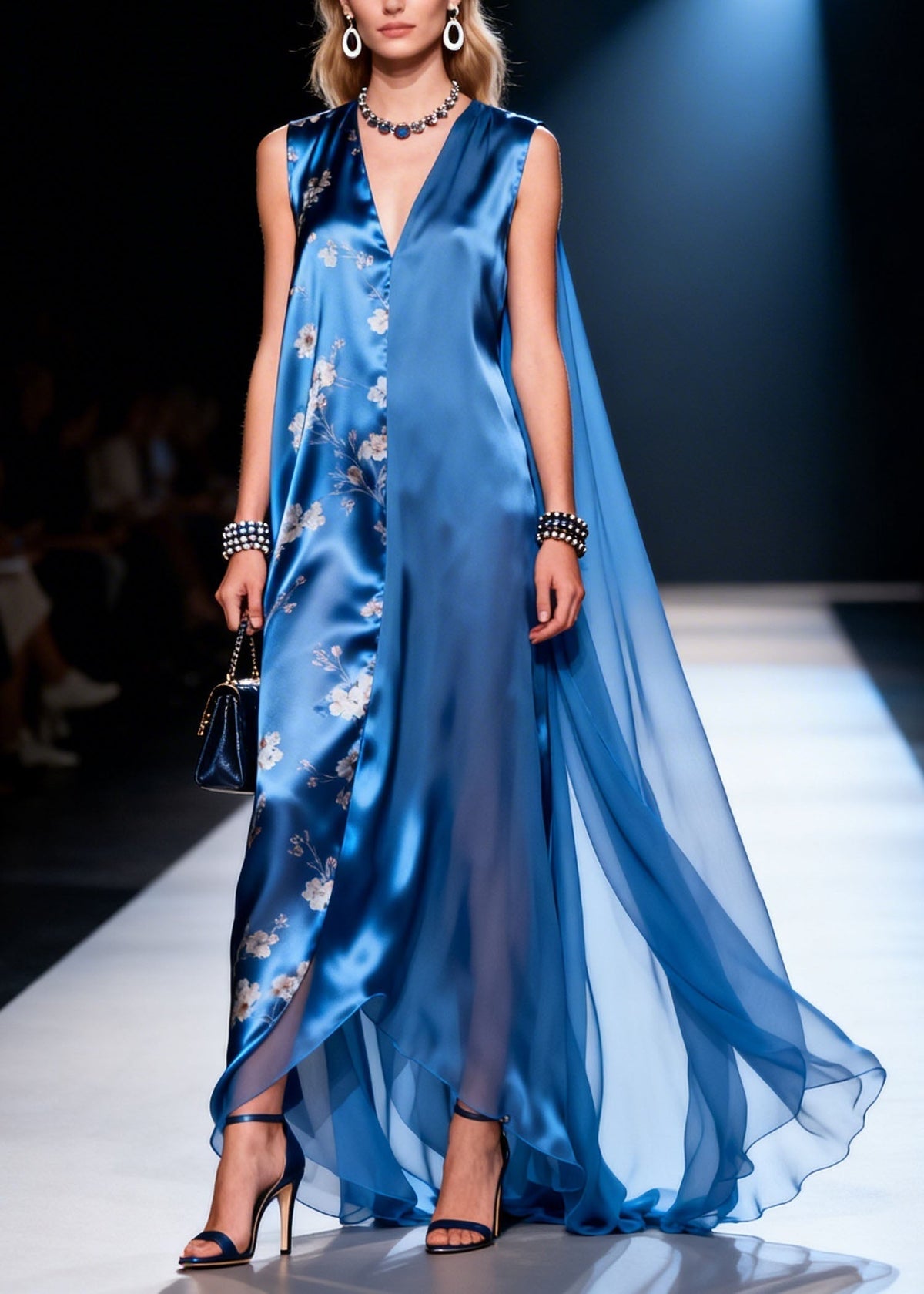 Satin Deep V-Neck Sleeveless Floral Panel Cape Back Maxi Gown - View 5