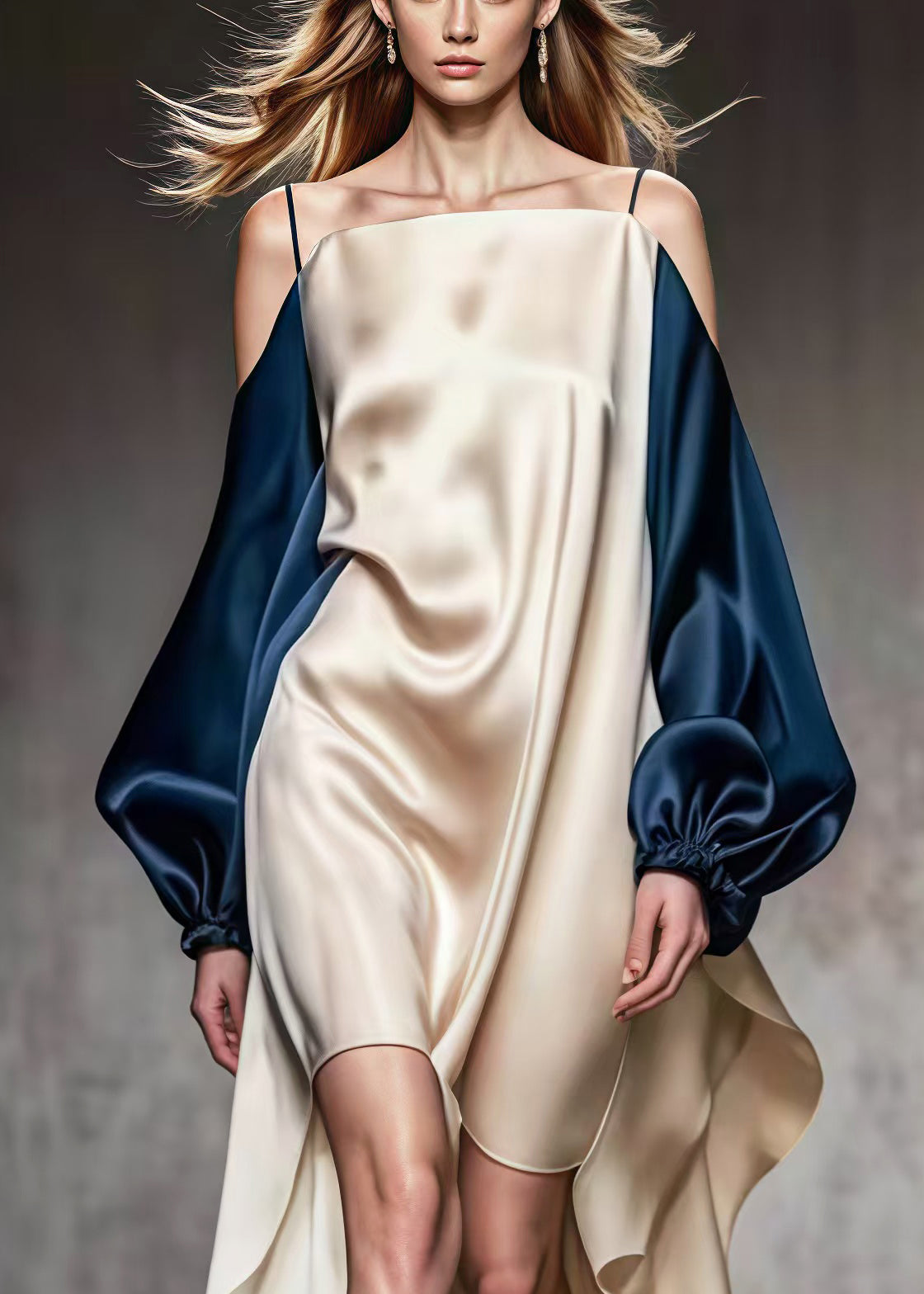 Cold Shoulder Spaghetti Strap Puff Sleeve High Low Satin Mini Dress - View 4